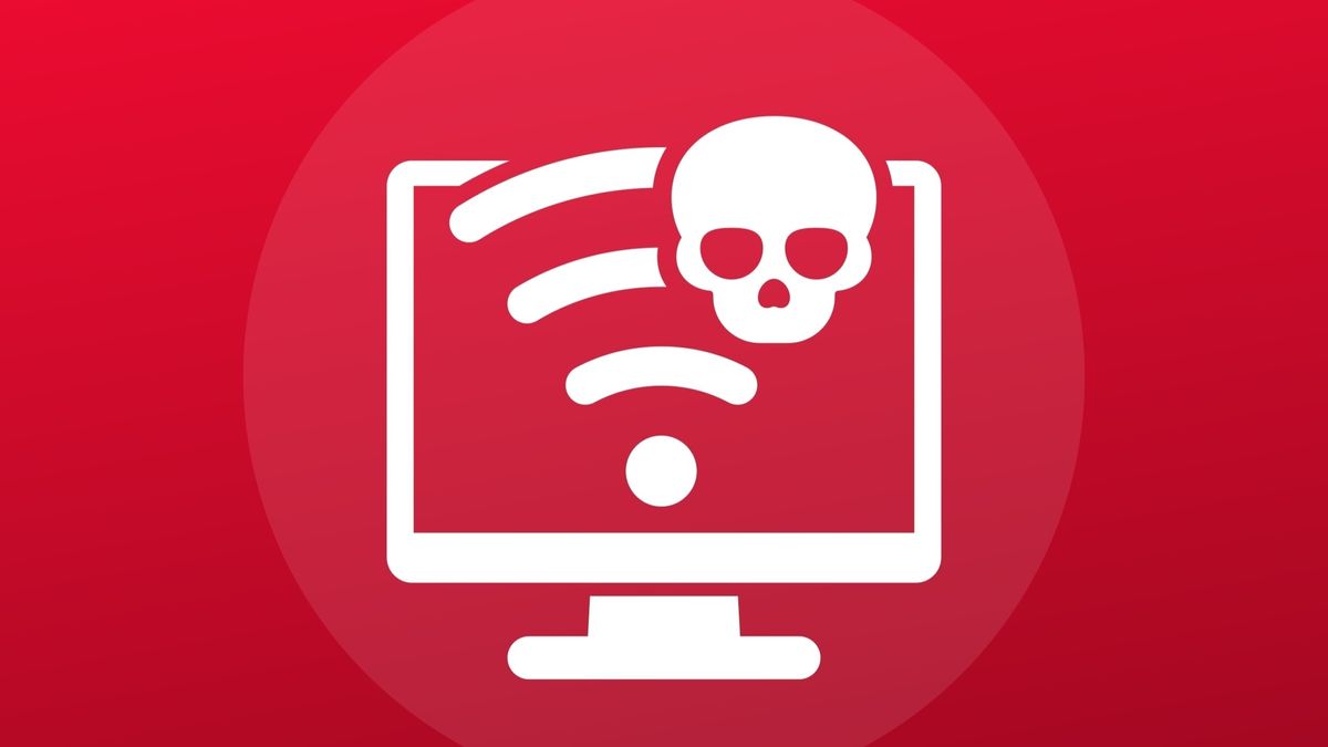 White Wi-Fi logo on a computer icon overlaid by a skull over a red background