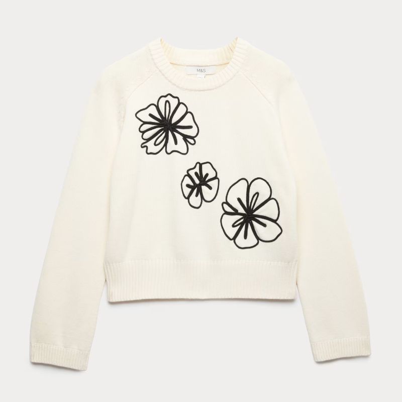M&amp;amp;S, Cotton Rich Embroidered Crew Neck Jumper