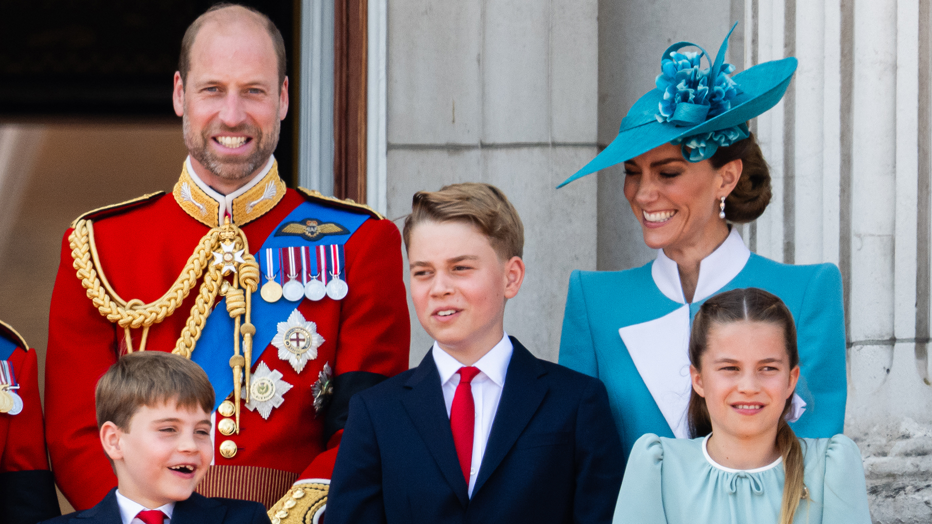 LONDON, ENGLAND - JUNE 14: Prince Louis of Wales, Prince William, Prince of Wales, Prince George of Wales, Catherine, Princess of Wales and Princess Charlotte of Wales during Trooping The Colour 2025 on June 14, 2025 in London, England. Trooping The Colour is a ceremonial parade celebrating the official birthday of the British Monarch. The event features over 1,400 soldiers and officers, accompanied by 200 horses. More than 400 musicians from ten different bands and Corps of Drums march and while performing. (Photo by Samir Hussein/WireImage)