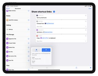 Screenshot showing example shortcut on iPad using Get My Shortcuts, Choose From List, Get Link to File, and Copy to Clipboard actions, plus the description popover for Get Link to File.
