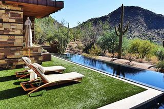 lap pool in an American backyard with loungers alongside it