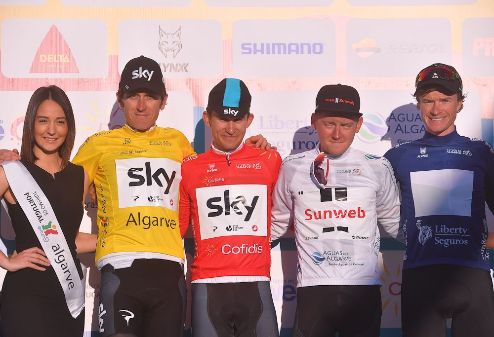 Sam Oomen, in white, shares the stage 2 podium at Volta ao Algarve with Geraint Thomas, Michael Kwiatkowski and Ben King