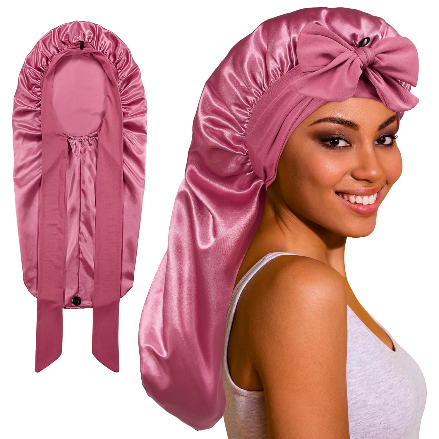 Roybens Long Bonnet Satin Hair Silk Bonnet for Sleeping Women, Silky Bonnets for Women With Tie Band, Sleep Cap for Braids Curly Hair