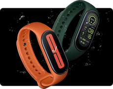 The Xiaomi Mi Band 7 in two strap colours, on a black background