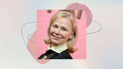 Image of Pamela Anderson smiling with blonde curled ends bob on a pastel watercolour background