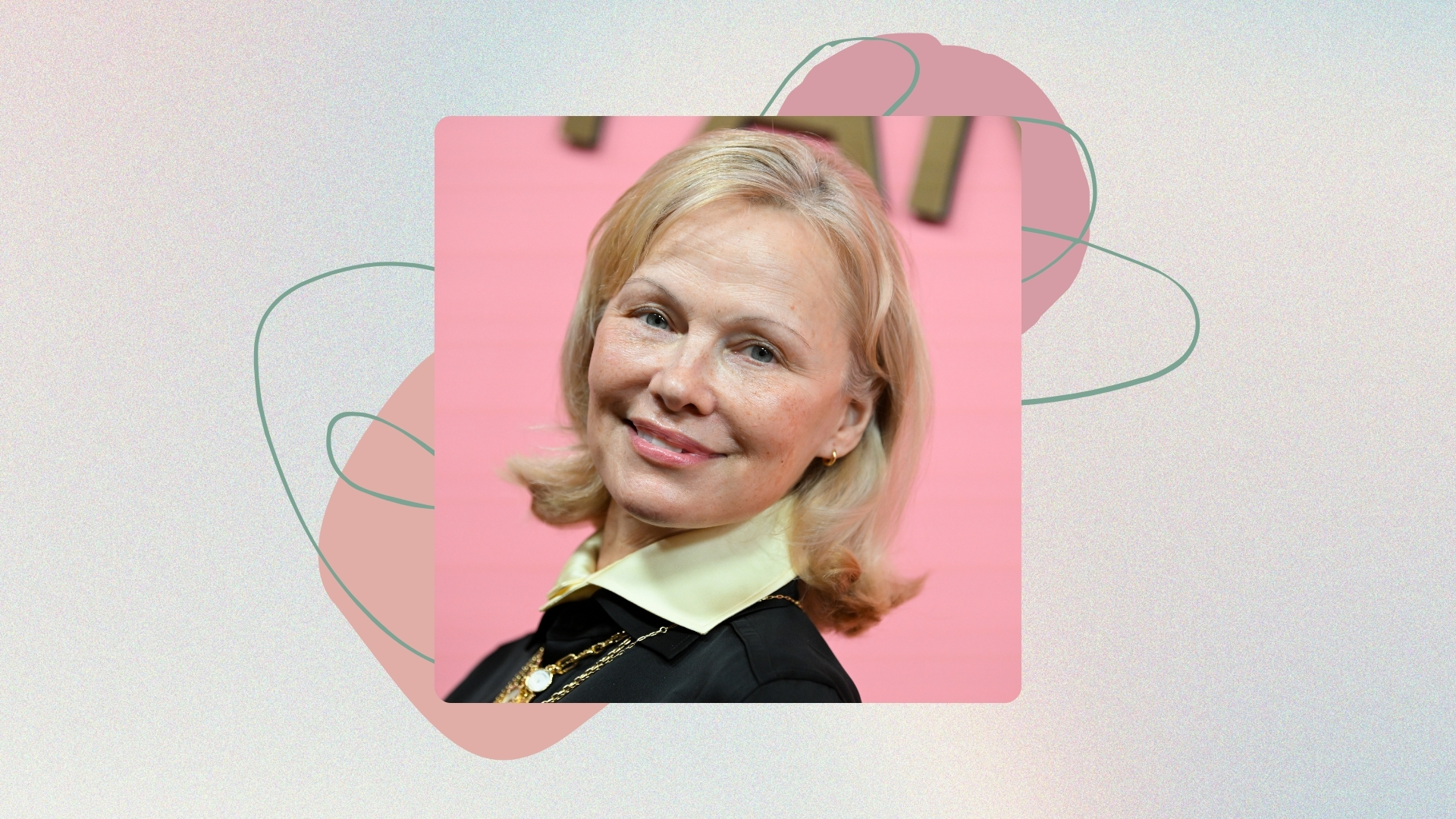 Image of Pamela Anderson smiling with blonde curled ends bob on a pastel watercolour background