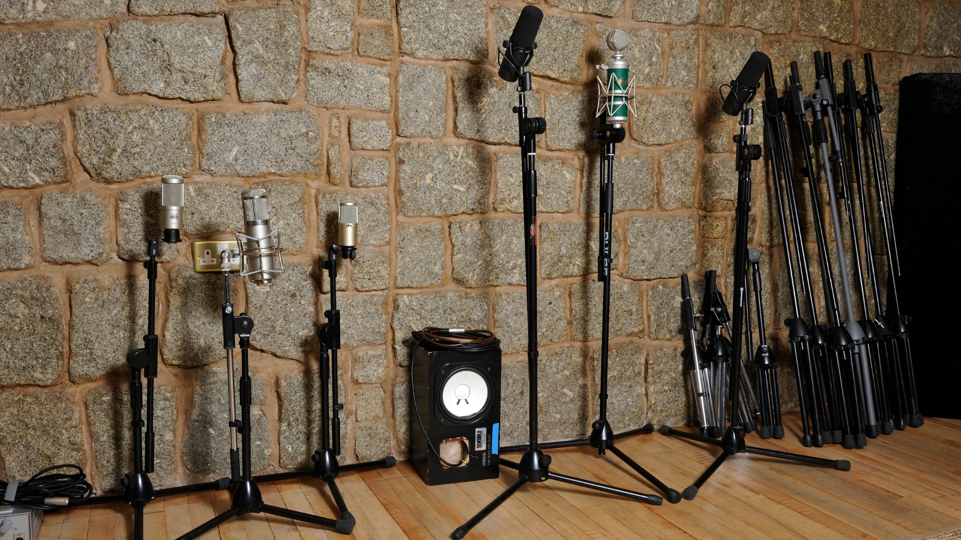 A selection of microphones on stands in a recording studio