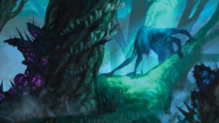 A four-armed creature looms over a tiny humanoid figure in a gloomy, massively overgrown forest