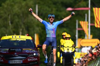 FOIX FRANCE JULY 19 Hugo Houle of Canada and Team Israel Premier Tech celebrates at finish line as stage winner during the 109th Tour de France 2022 Stage 16 a 1785km stage from Carcassonne to Foix TDF2022 WorldTour on July 19 2022 in Foix France Photo by Tim de WaeleGetty Images