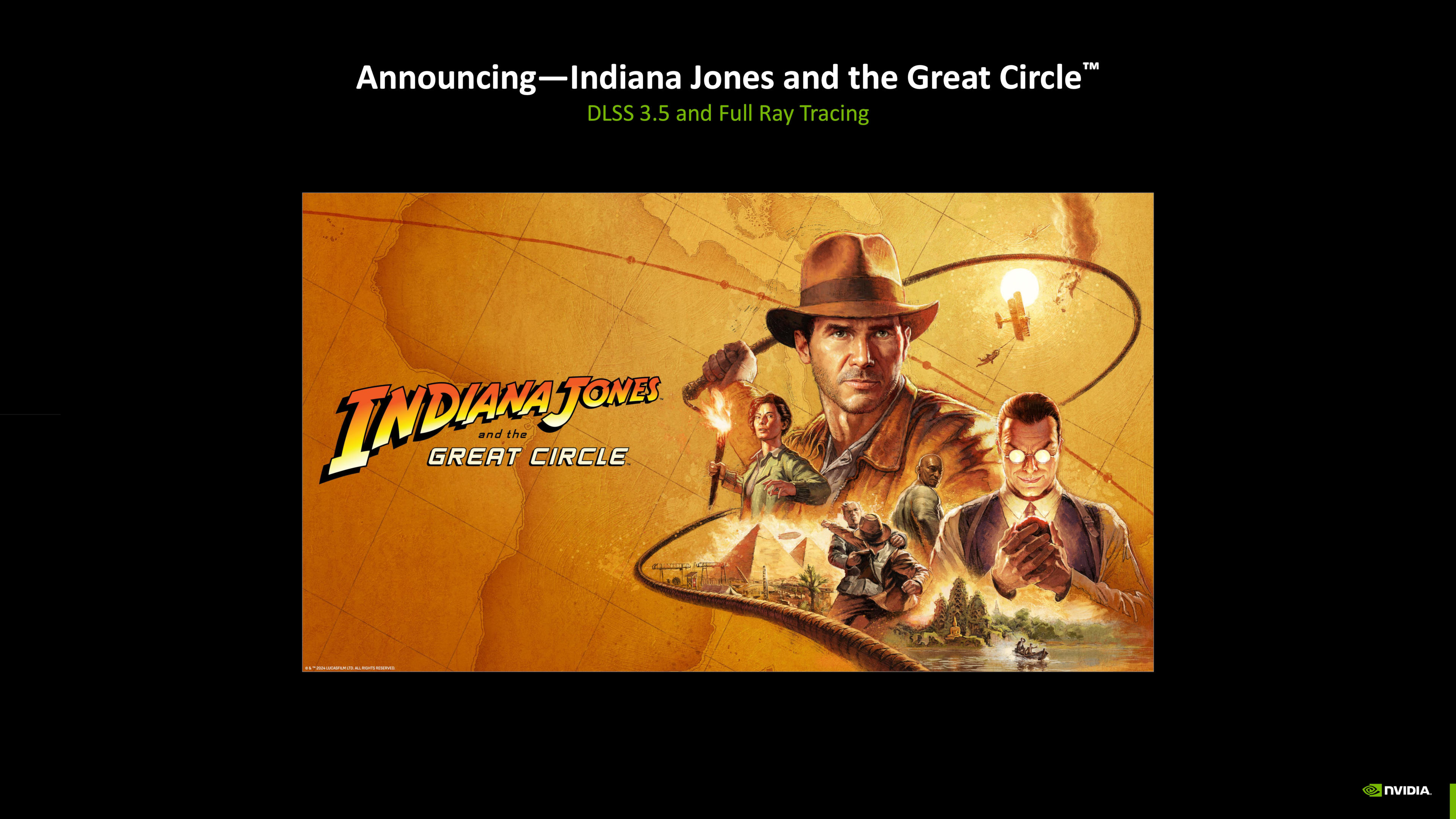 A promotional image for Indiana Jones and the Great Circle, with text by Nvidia stating what RTX features it will have