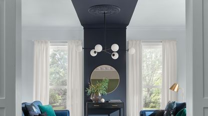 Striking living room scheme in mono palette with black painted feature wall and ceiling strip