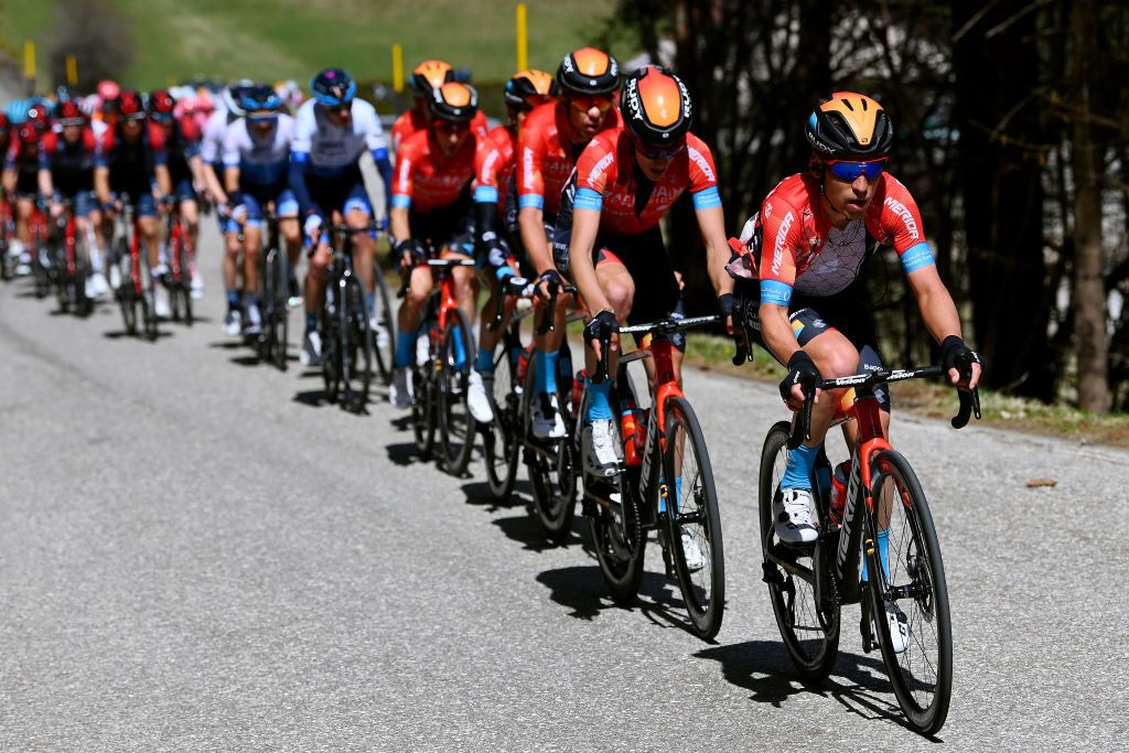 SAN MARTINO DI CASTROZZA ITALY APRIL 18 Hermann Pernsteiner of Austria and Team Bahrain Victorious leads the peloton during the 45th Tour of the Alps 2022 Stage 1 a 1609km stage from Cles to PrimieroS Martino di Castrozza 708m TouroftheAlps on April 18 2022 in San Martino di Castrozza Italy Photo by Tim de WaeleGetty Images