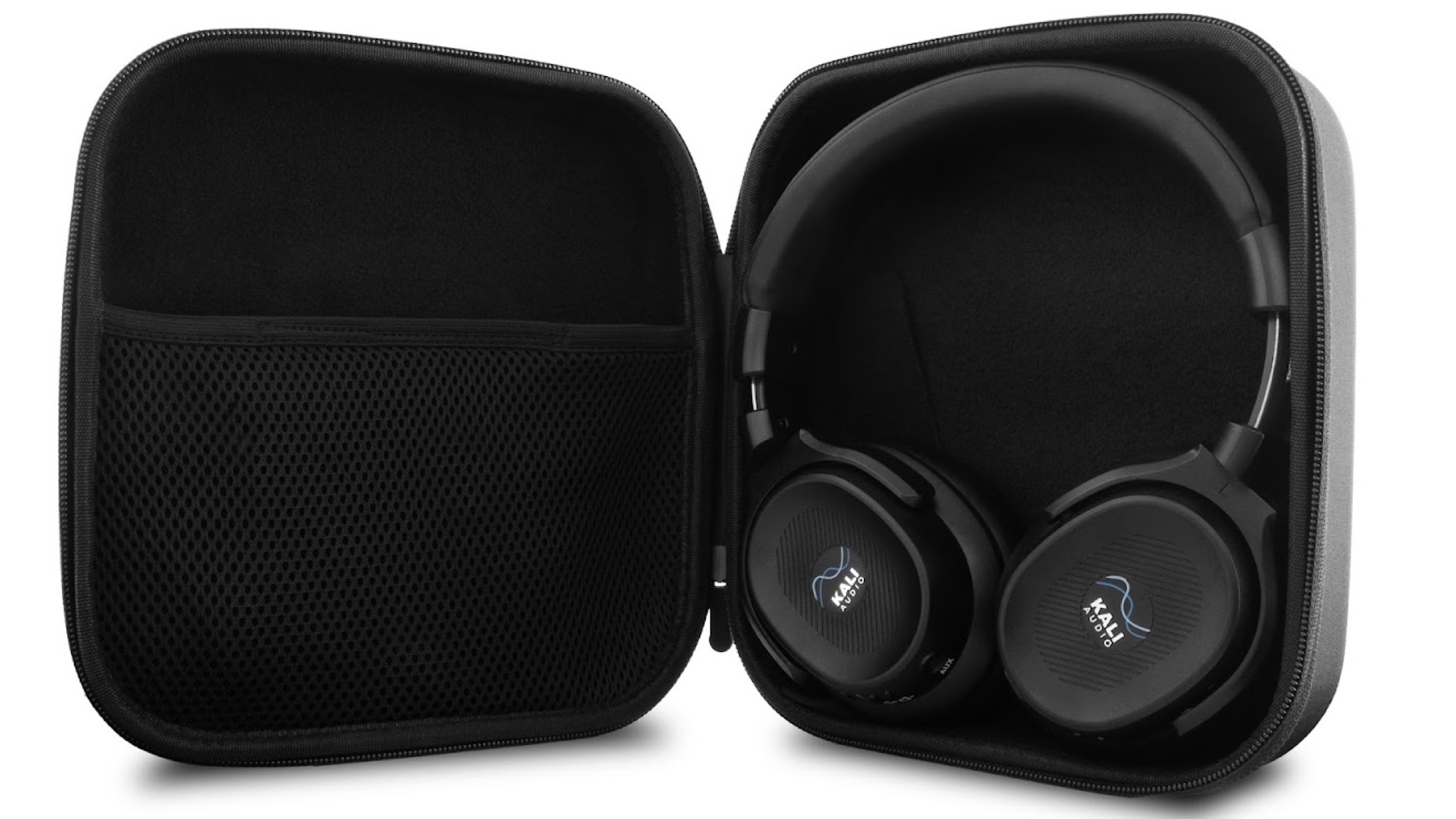 Kali Audio HP-1 headphones inside their black carrying case on a black background