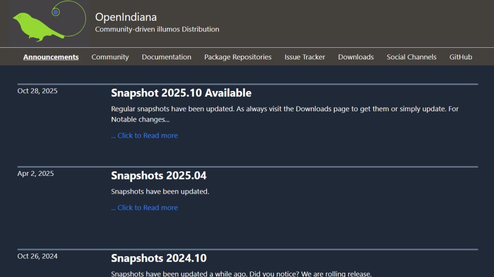 OpenIndiana website screenshot (February 2026).