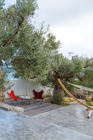 garden decking with poured concrete flooring contrasting olive groves