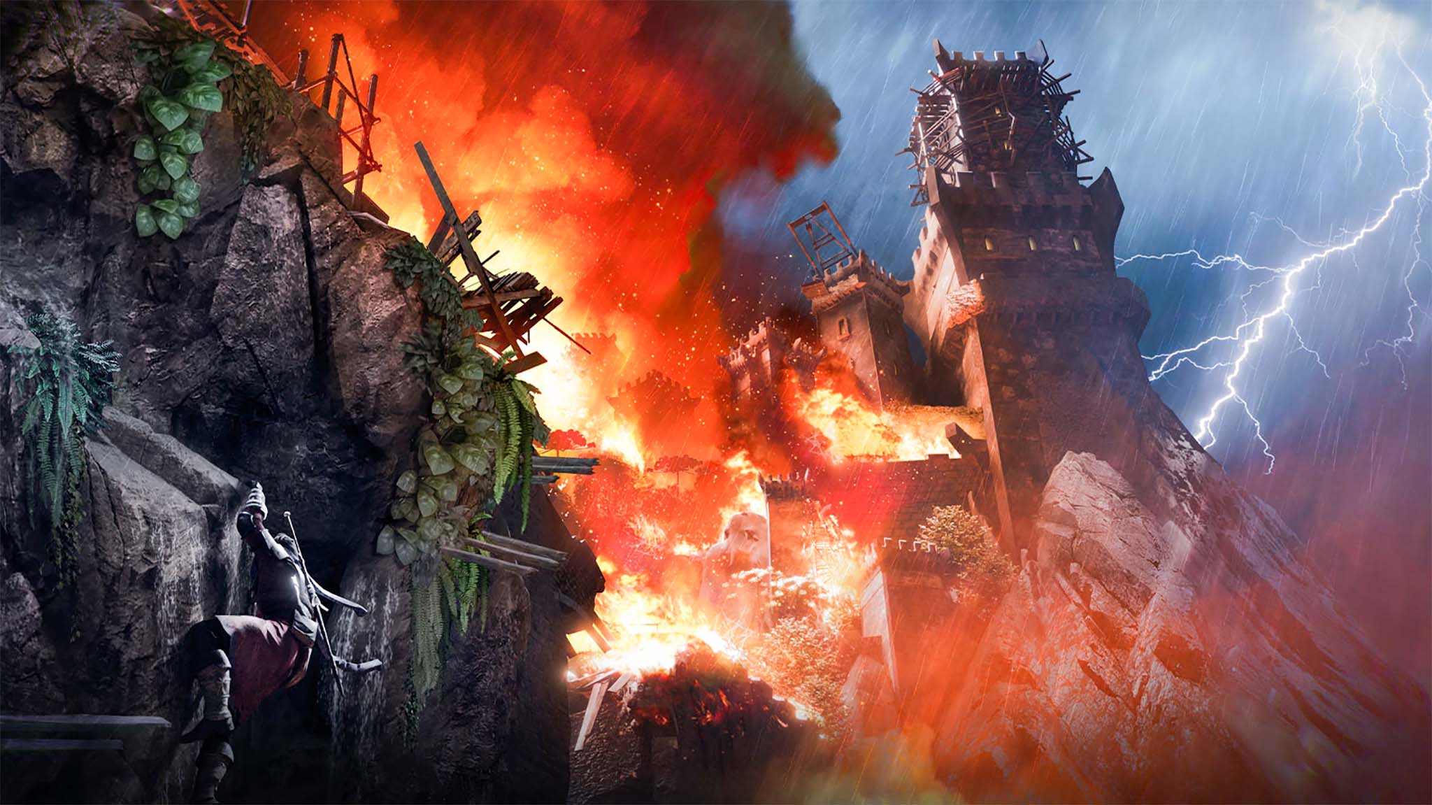 Concept art for BlackThorne Keep Chronicles that depicts a man climbing up a steep cliff on the right with a burning castle on the left. 