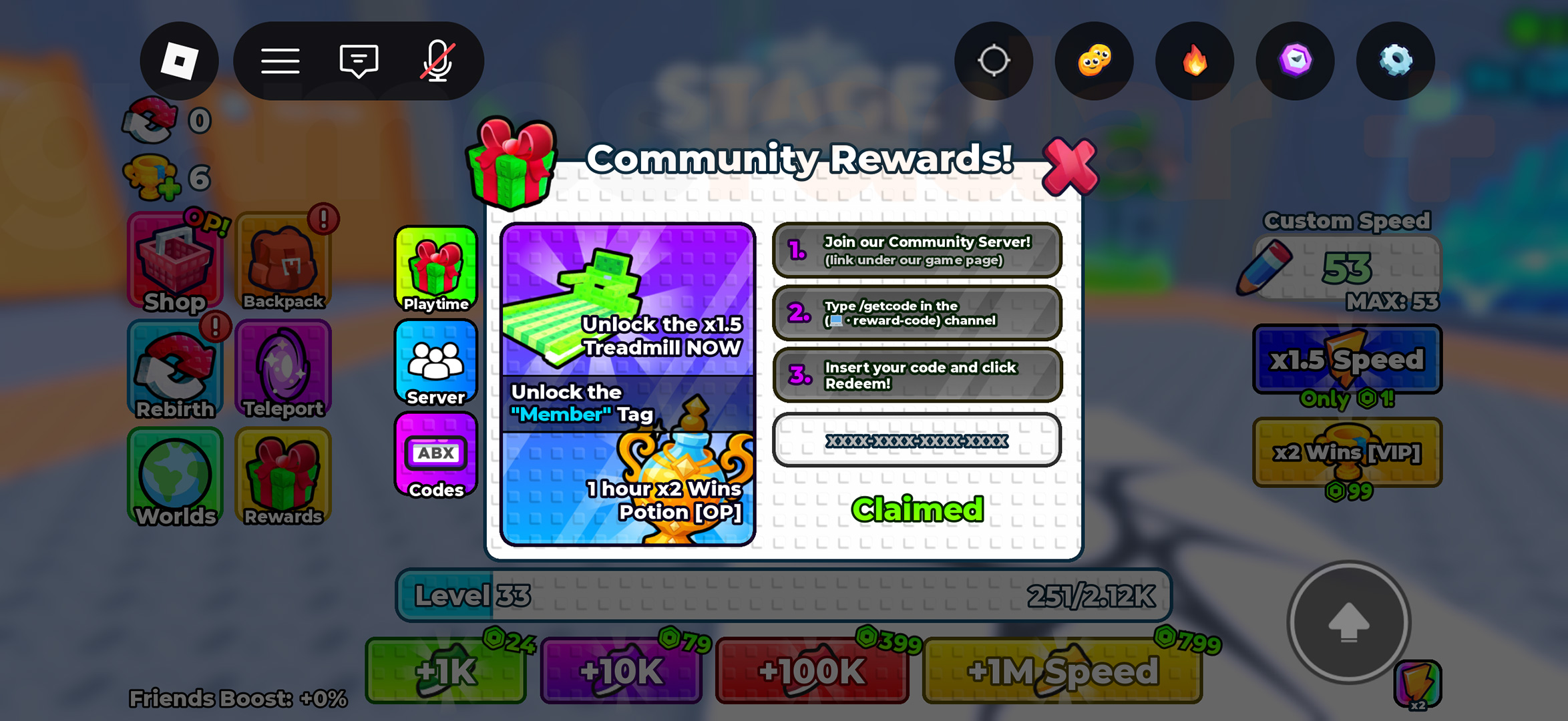 The Server menu used to redeem +1 Speed Monkey Escape codes from Discord
