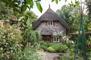 Grade-II listed thatched cottage and garden, with lots of flowers and hedges