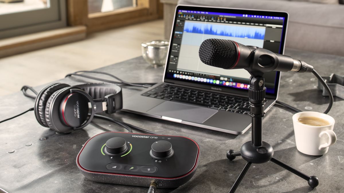 Lifestyle images of Vocaster hardware being used in a studio for podcasting