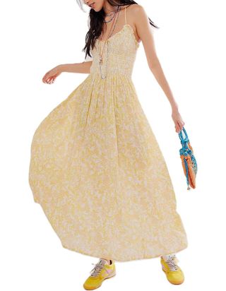 Women Summer Dresses Flowy Smocked Maxi Dress Sleeveless Tie Shoulder Boho Dresses Y2k Floral Beach Sundresses, Spaghetti Strap Yellow, Small