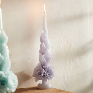 lilac standing taper candle with elaborate floral textured design