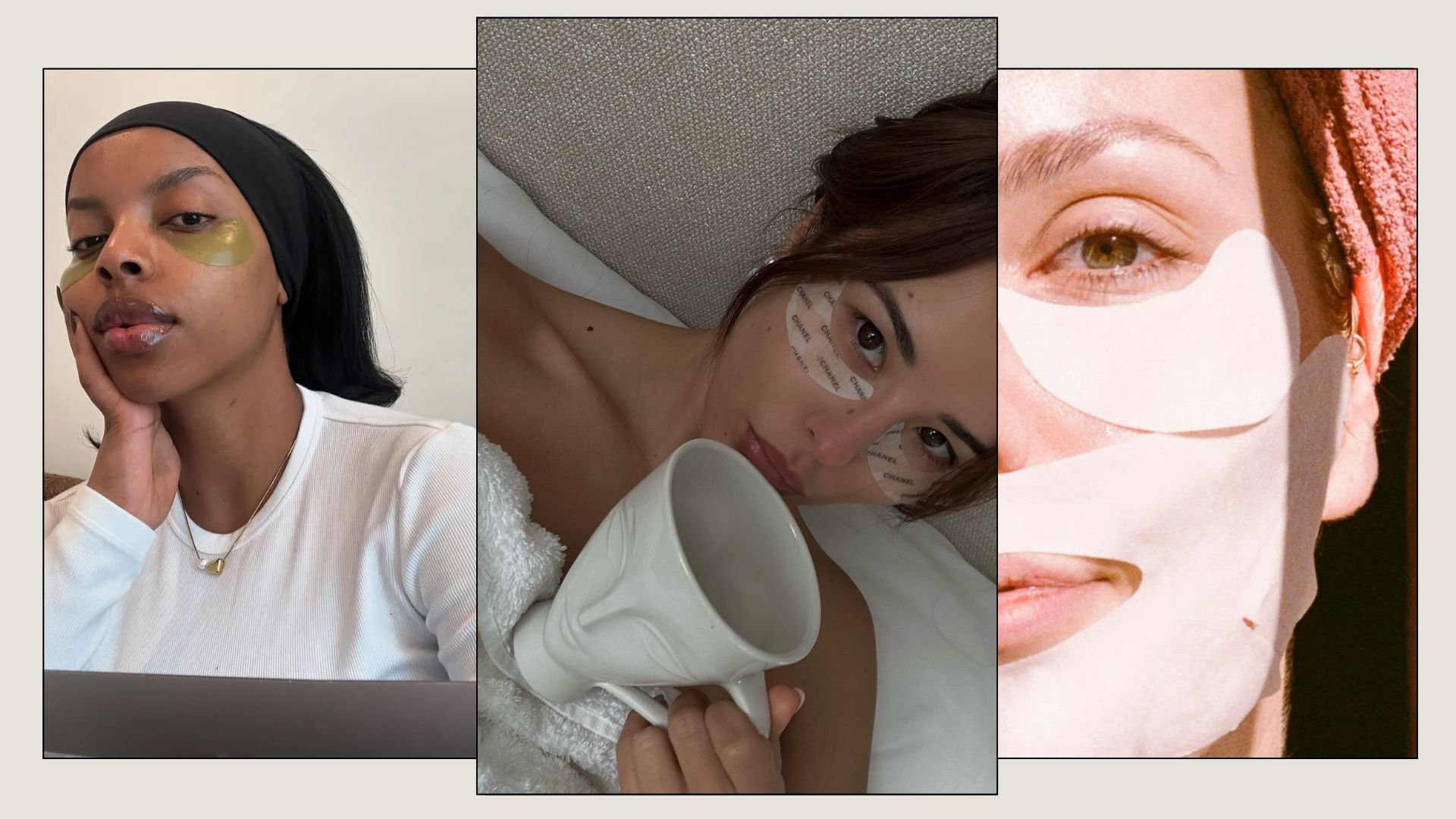 Three influencers doing their skincare wearing under-eye patches