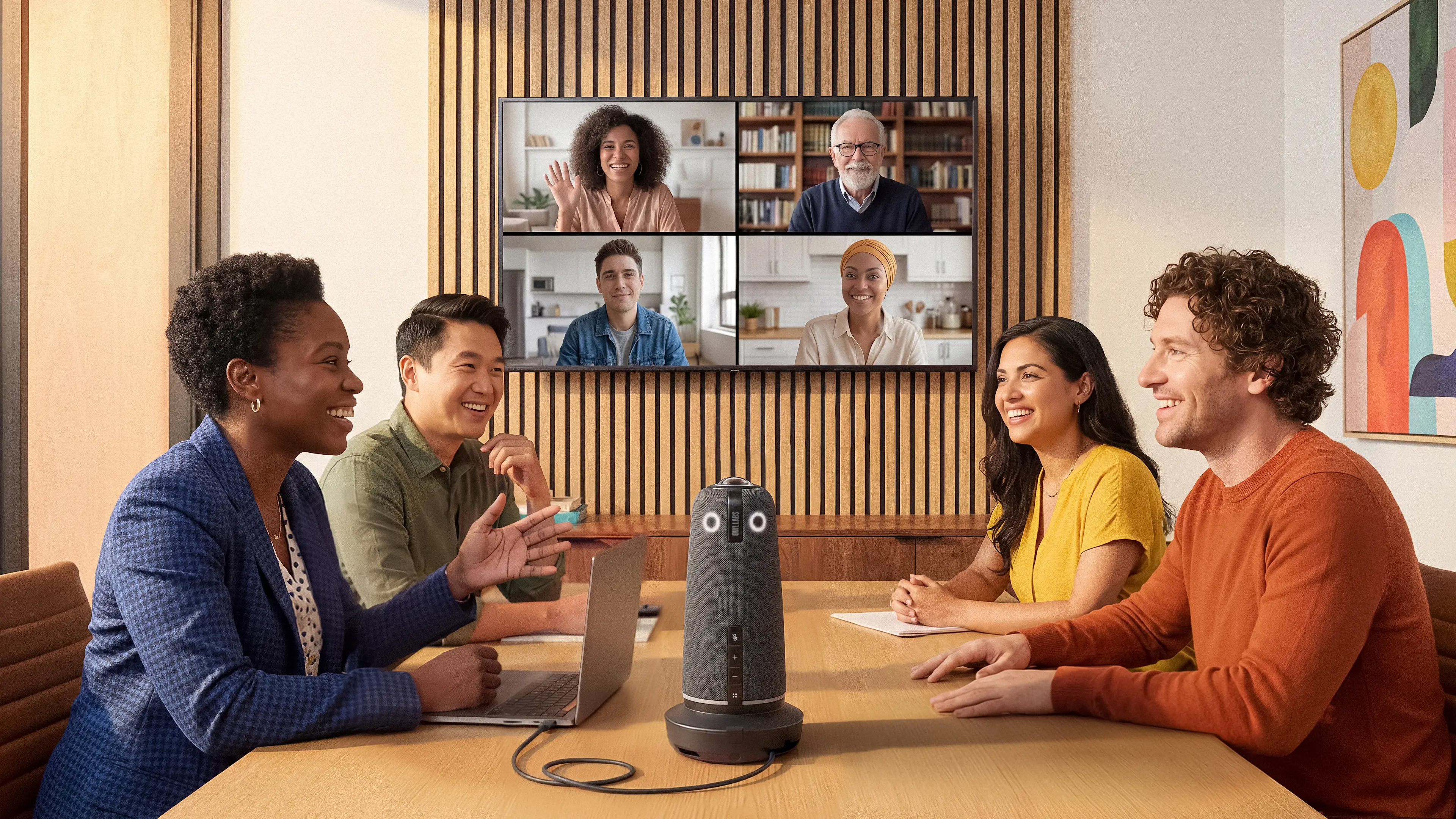 Meeting Owl 5 Pro in middle of meeting with 4 people and a TV screen on the wall behind