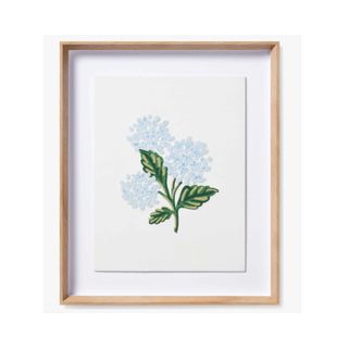 Blue hydrangea wall art with a wooden frame