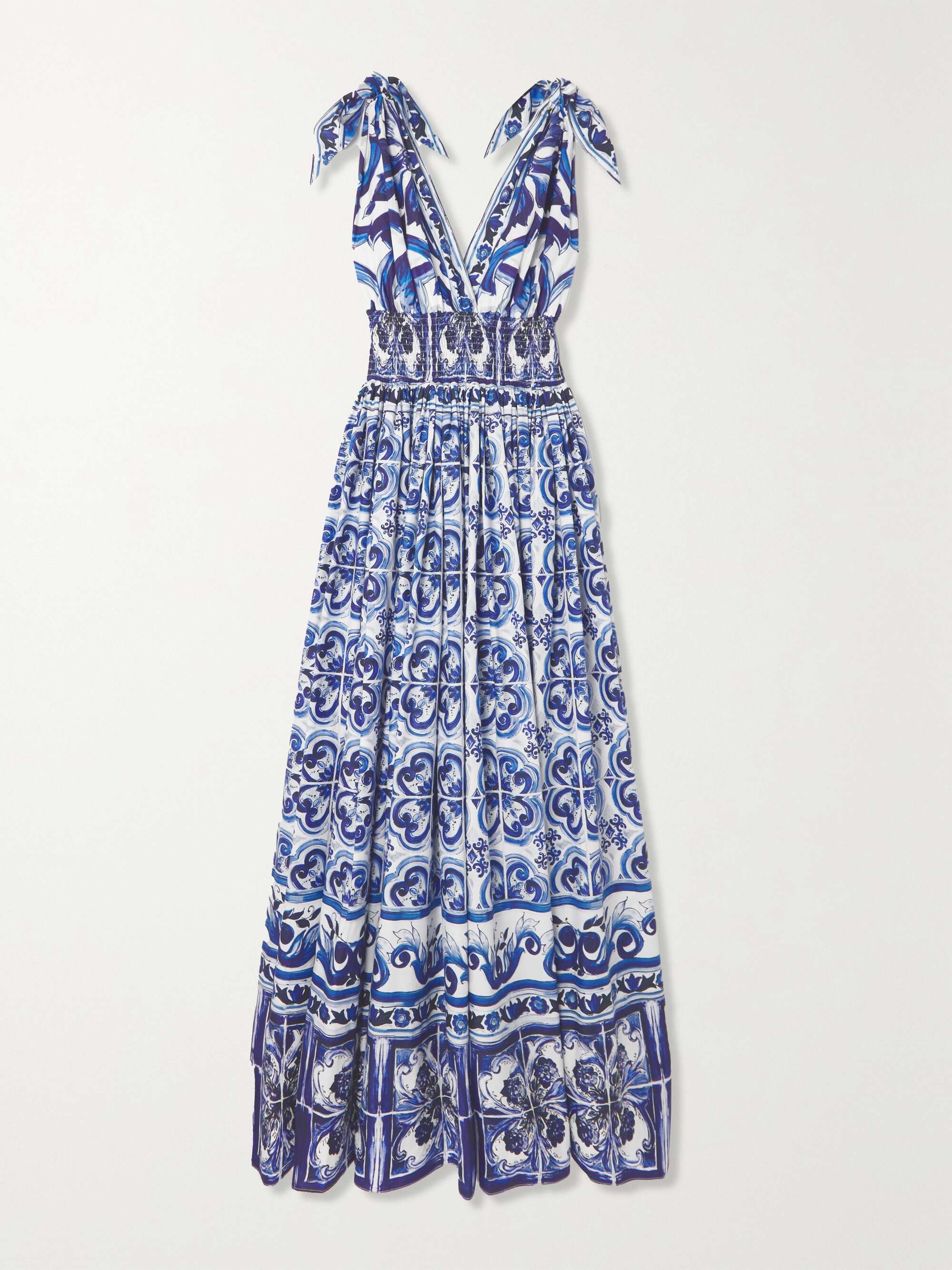 Maiolica Open-Back Shirred Printed Cotton-Poplin Maxi Dress