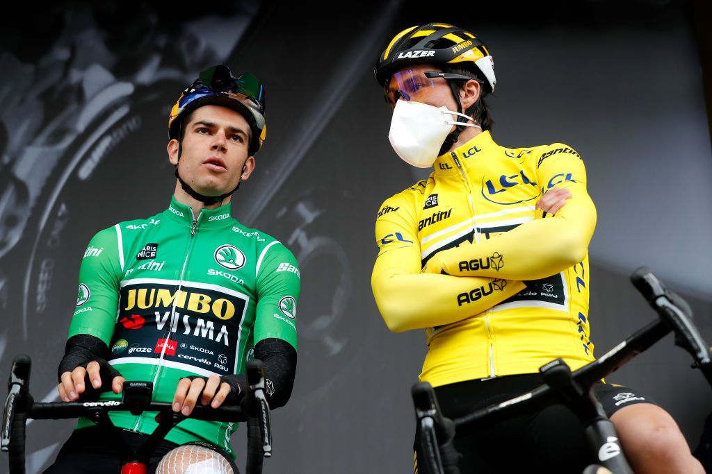 COL DE TURINI FRANCE MARCH 12 LR Wout Van Aert of Belgium green points jersey and Primoz Roglic of Slovenia and Team Jumbo Visma yellow leader jersey during the team presentation prior to the 80th Paris Nice 2022 Stage 7 a 1555km stage from Nice to Col de Turini 1605m ParisNice WorldTour on March 12 2022 in Col de Turini France Photo by Bas CzerwinskiGetty Images
