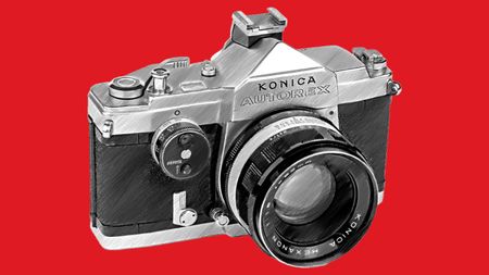 Line drawing of Konica Autorex on red background