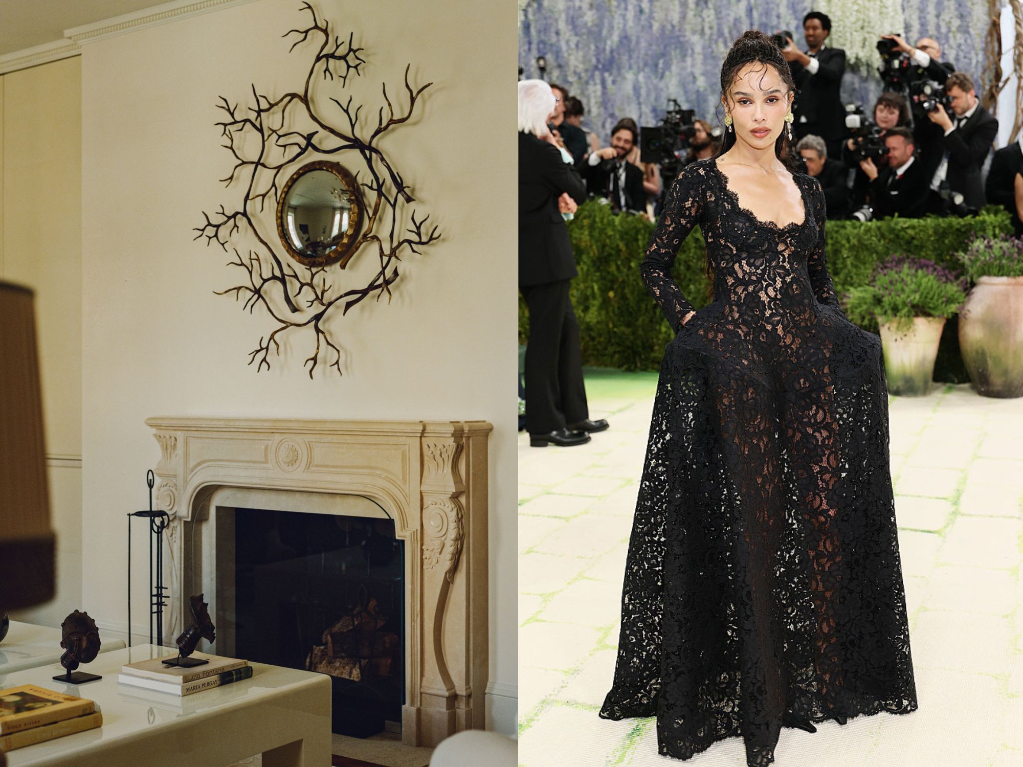A room with a stone fireplace, above it there is a circular mirror surrounded with twigs. Zoe Kravitz wears a black lace gown with long sleeves.