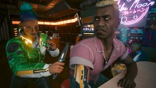 V sneaking up on someone in a diner with a knife in Cyberpunk