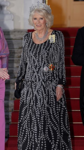 Camilla, Queen Consort poses at the Bellevue Palace