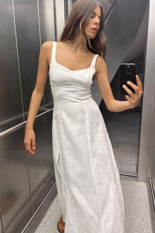 model wears a linen dress 