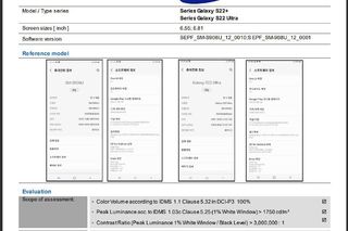 A leaked test results table showing display information for the Samsung Galaxy S22 Plus and Galaxy S22 Ultra