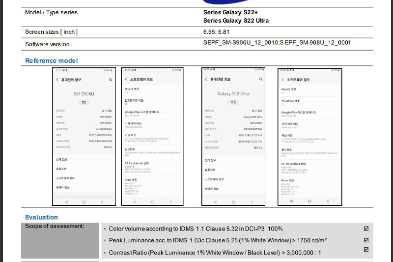 A leaked test results table showing display information for the Samsung Galaxy S22 Plus and Galaxy S22 Ultra