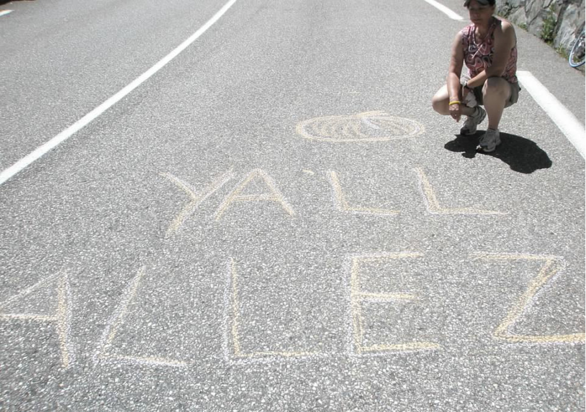 Basic chalk art on Alpe d'Huez by tourists from Georgia