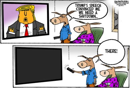 Political cartoon U.S. Trump wall government shutdown democrats address
