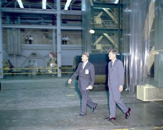 President John F. Kennedy visited Marshall Space Flight Center on September 11, 1962. Here President Kennedy and Dr. Wernher von Braun, MSFC Director, tour one of the laboratories.