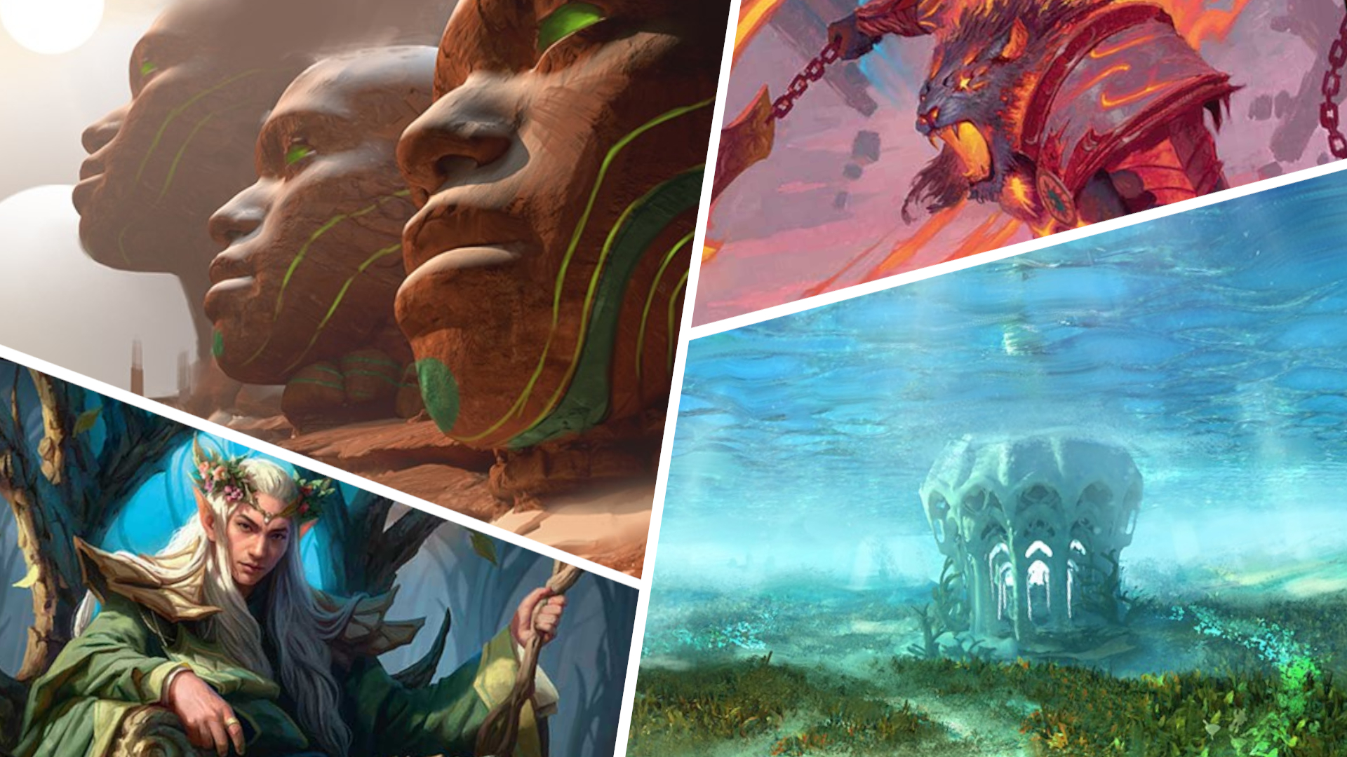 Statues of faces from Zhalfir, an Ajani Echoverse variant from Reality Fracture, Thranduil from The Hobbit, and a shall area in Nauctis: The Sunken Realm divided by white lines