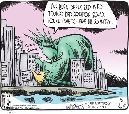 Political Cartoon U.S. Stature of Liberty deputized President Trump deportation squad
