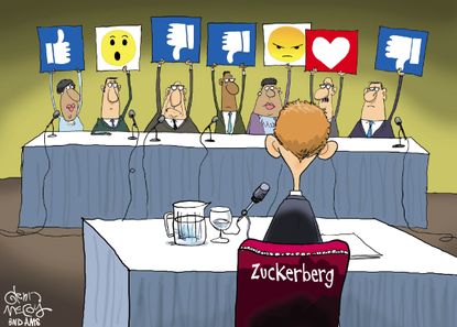 Political cartoon U.S. Mark Zuckerberg Facebook Congress testimony reactions