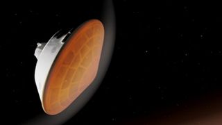 a cone-shaped spacecraft with a rounded bottom entering a planet's atmosphere surrounded by glowing gas