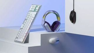 A selection of Logitech items including mice, headsets, and a keyboard.