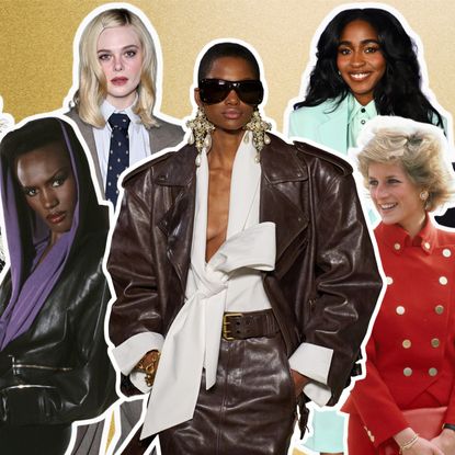 a collage of 80s fashion trends at Chanel, Saint Laurent, Chloé, on Elle Fanning, Ayo Edebiri, Grace Jones, and Princess Diana