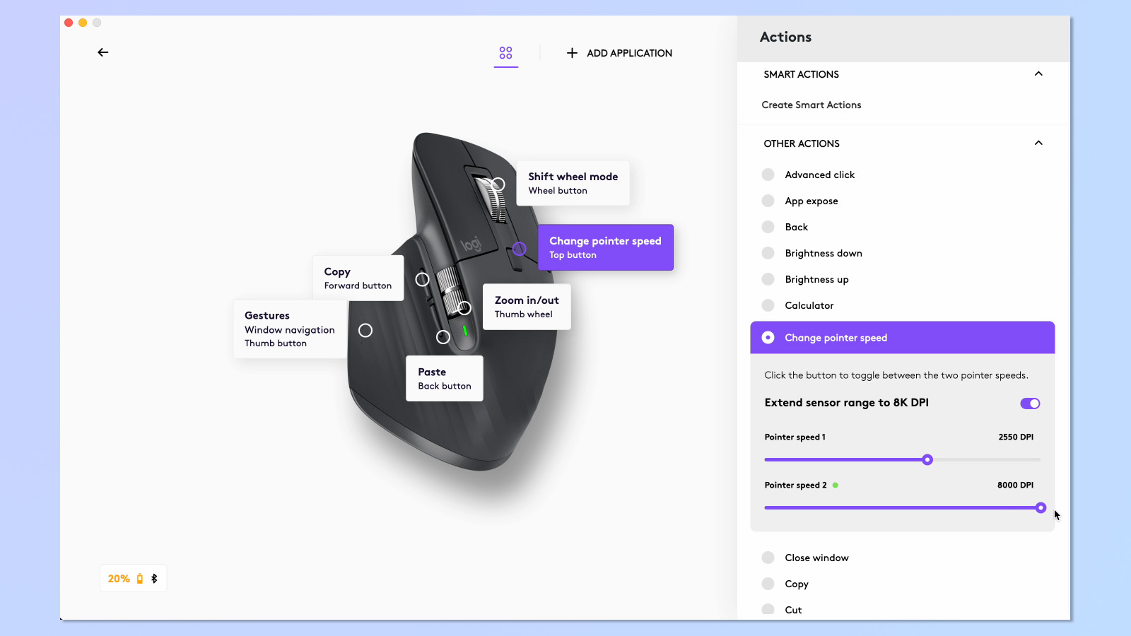 Logitech MX Master 3S در برنامه Logi Options+ سفارشی شده است.