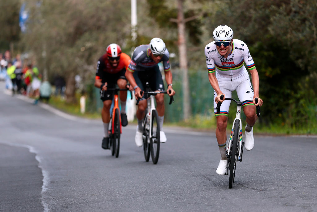 SANREMO, ITALY - MARCH 22: Tadej Pogacar of Slovenia and Team UAE Team Emirates competes during the 116th Milano-Sanremo 2025 a 289km one day race from Pavia to Sanremo / #UCIWT / on March 22, 2025 in Sanremo, Italy. (Photo by Luca Bettini - Pool/Getty Images)