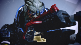 The lizard-like face of Garrus from Mass Effect 2 peering down the sights of a large gun. The side of the gun reads "Caution: Hot."
