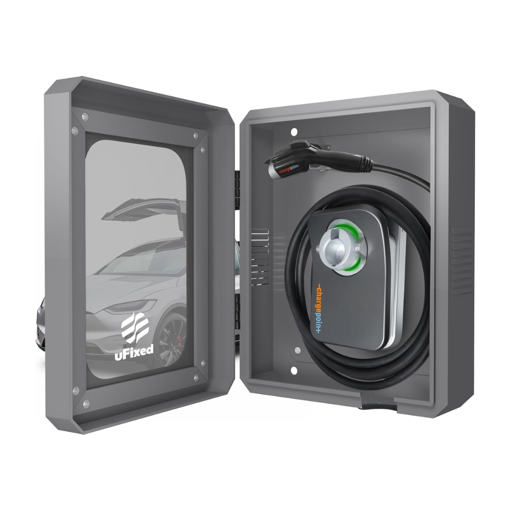 Grey box with EV charger wrapped in a loop on a hook inside